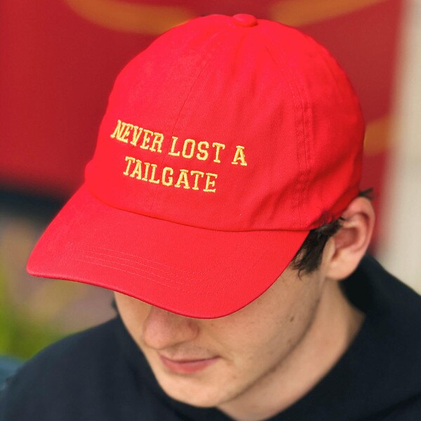 Never Lost a Tailgate Cardinal Adjustable Hat front